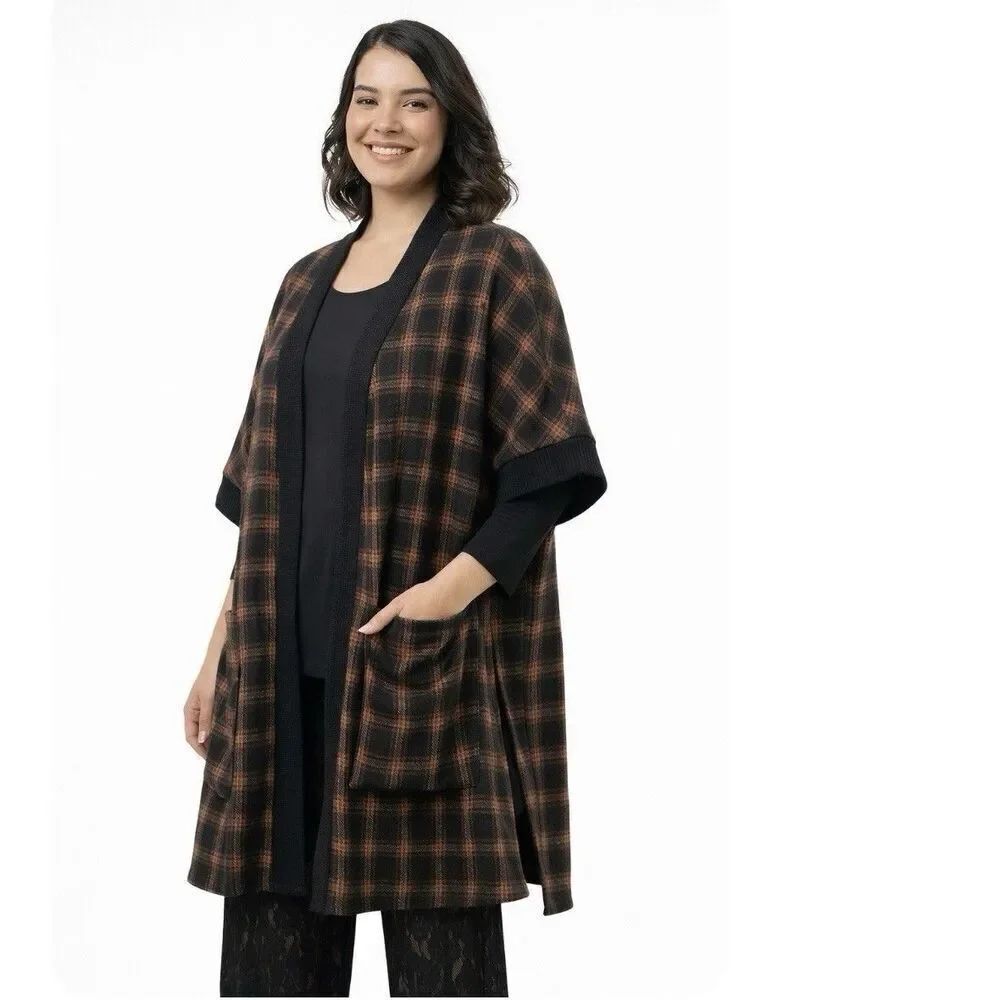 Alembika Plaid Long Open Duster Cardigan Jacket Lagenlook Size M Oversized Black